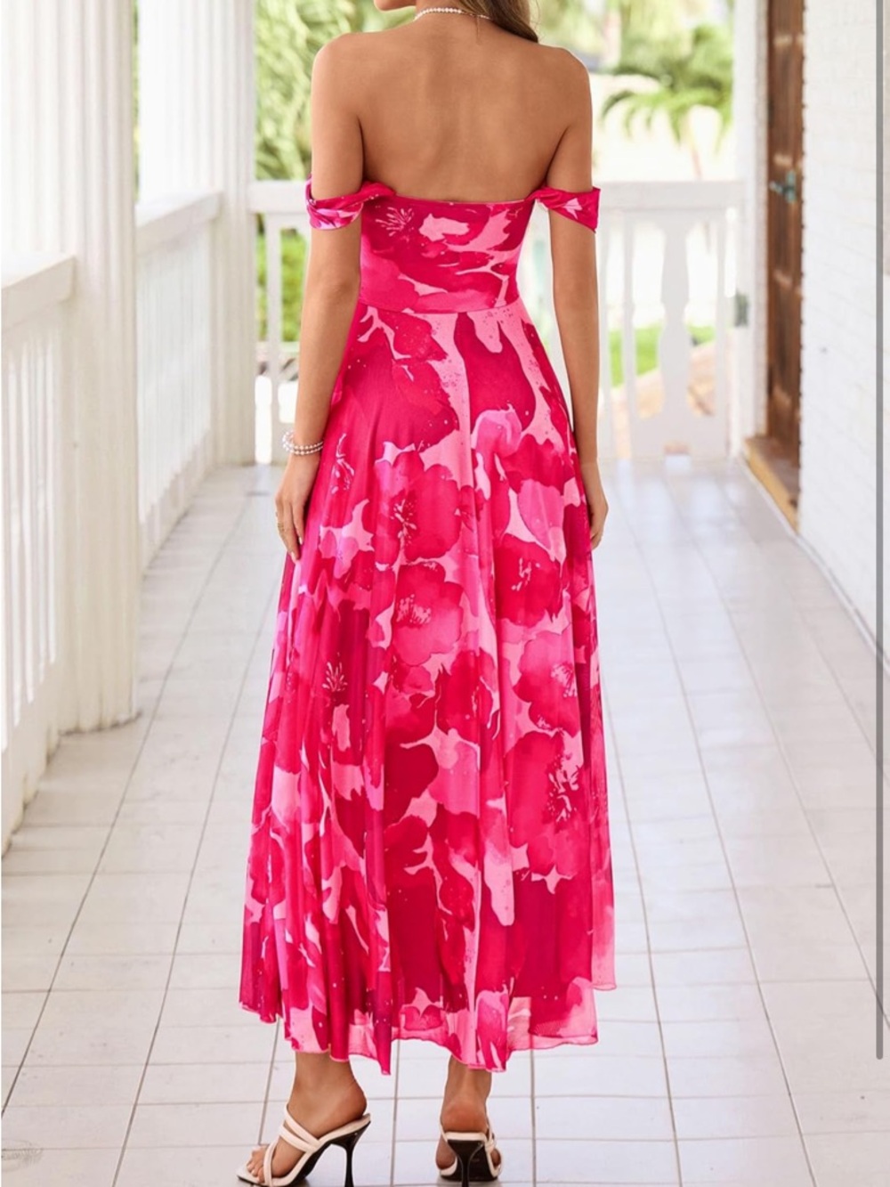 Off-Shoulder Fuchsia Floral Maxi Dress - Picture 4 of 9